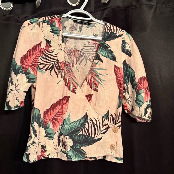Zara Linen wrap blouse puff sleeve pink tropical print - Picture 5 of 13